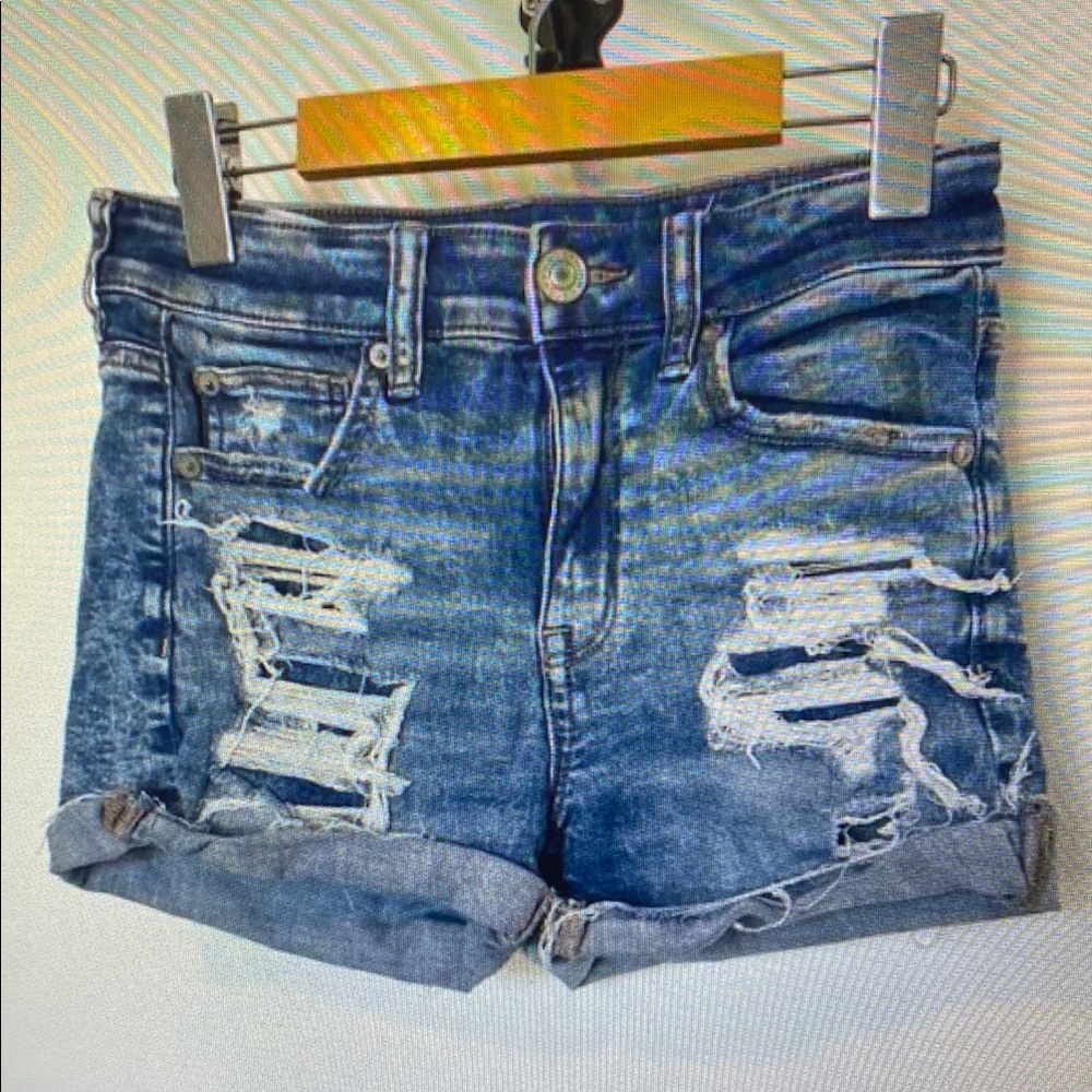 Ripped Denim Rolled-Hem Athletic Shorts - Blue